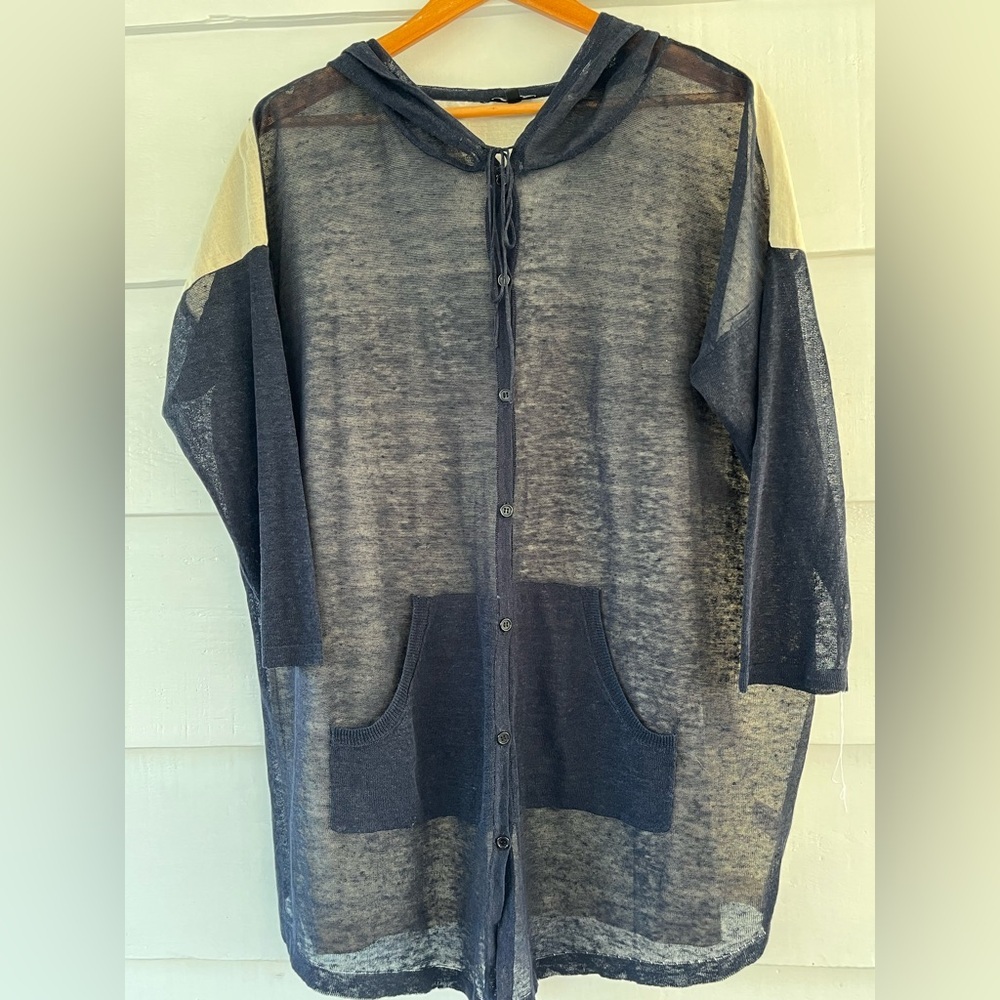 Rebecca Elliot   Black and Tan Hooded Cardigan Linen Beach Cover Up Layering L